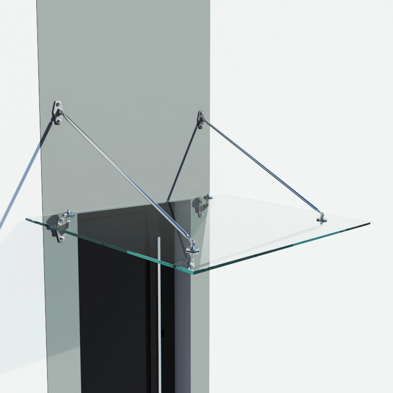 Im Lieferumfang enthalten: Je 2 Wandkonsole unten, und 2 Wandkonsole oben / 2 Stück Zugstangen komplett mit Gabel und Öse, L = 1385mm von Mitte bis Mitte Bohrung / 4 Stück Standardpunkthalter ø70mm mit Gabel, für Glasstärke 13,52mm / Mat. V4A / Lieferung ohne Glas